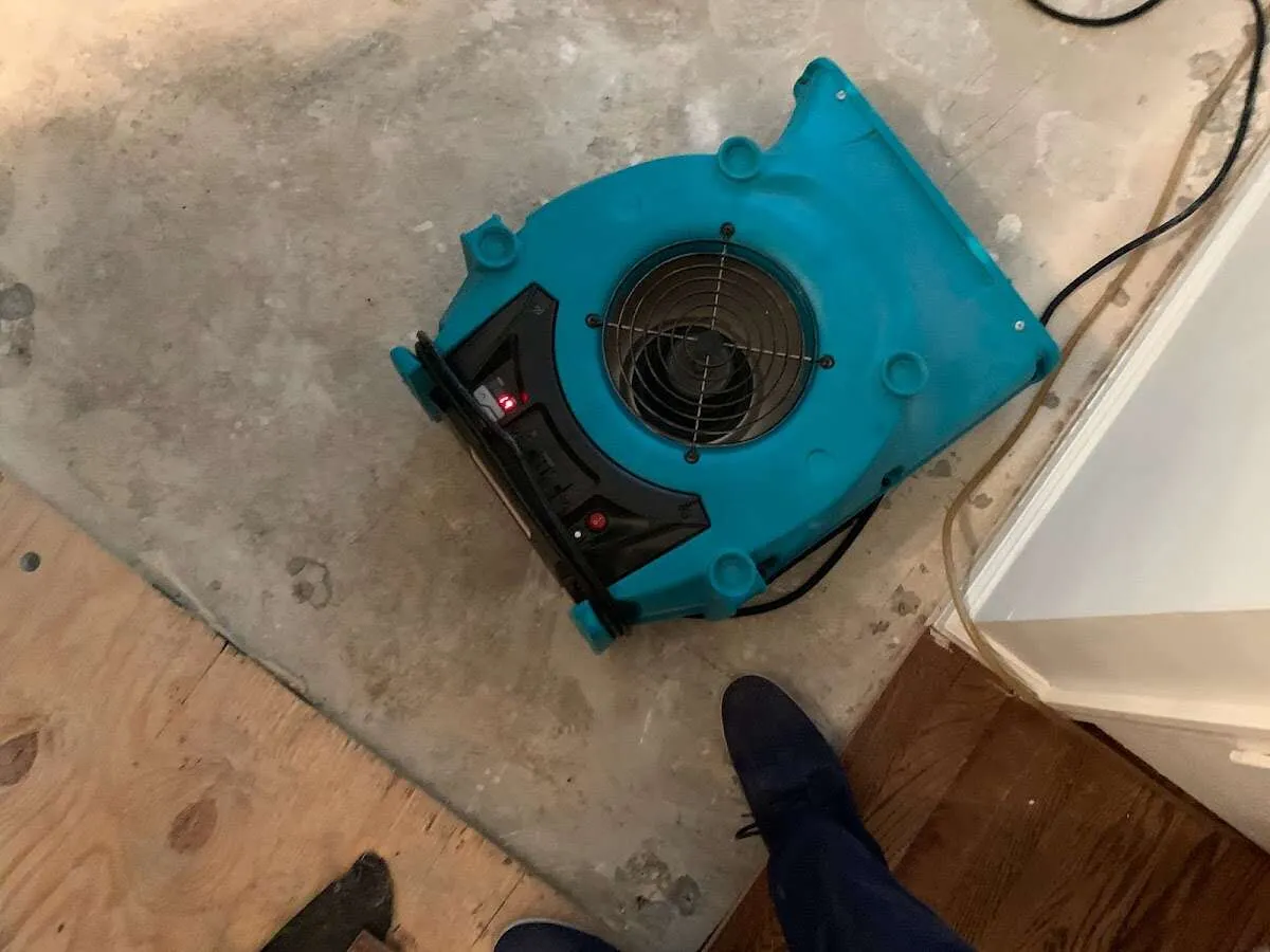 Air mover drying subfloor during Leak Detection & Repair in Dickinson